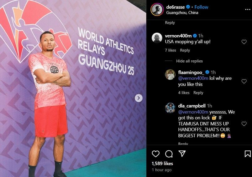 Screenshot of Norwood's and Holloway's comment on Andre De Grasse's Instagram post (@de6rasse/ig)